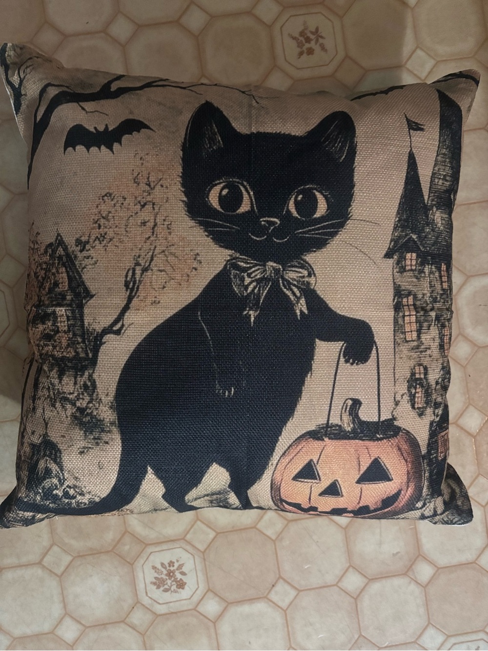 Halloween Black Cat Pillow with Jack-O'-Lantern